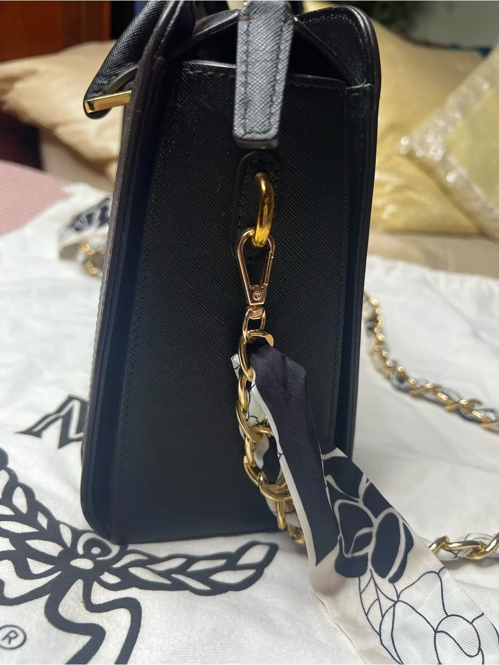 MCM Black Saffiano Leather Satchel Top Handle Crossbody Bag Gold Hardware